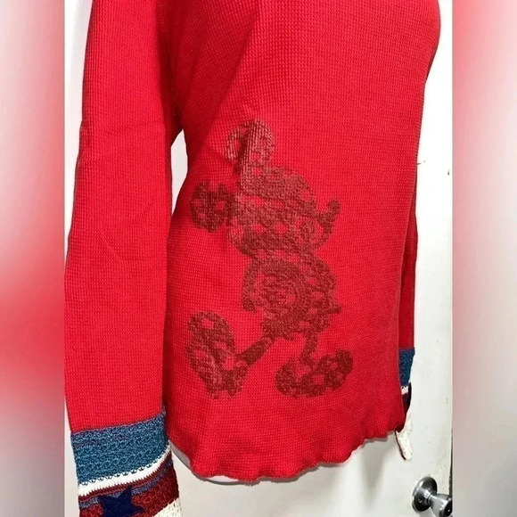 Disney Parks Mickey Mouse Thermal Sweater Womens Large Red Crochet Sleeves - Picture 2 of 4